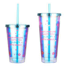 Laser paper printed double plastic cup magic color cup with lid and straw